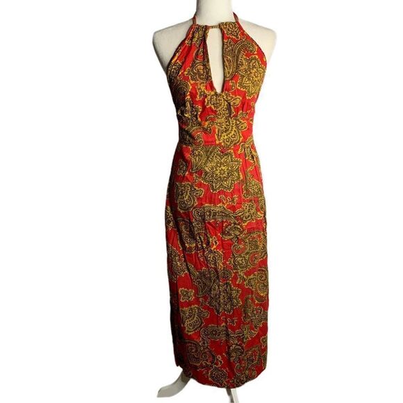 Vintage Handmade 70s Halter Dress S Red Paisley Maxi Sweetheart Tie Neck Zip - Picture 1 of 8